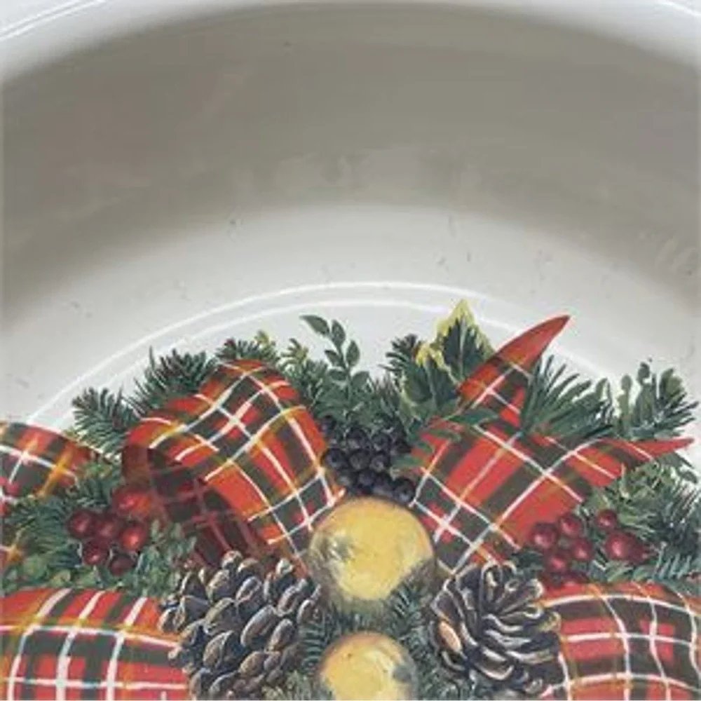 MacKenzie-Childs Evergreen Enamel Pet Dish Dog Bowl Christmas Tartan Wreath